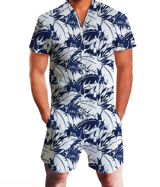 Hawaiian Feather Patterned Short-sleeve Summer Jumpsuit