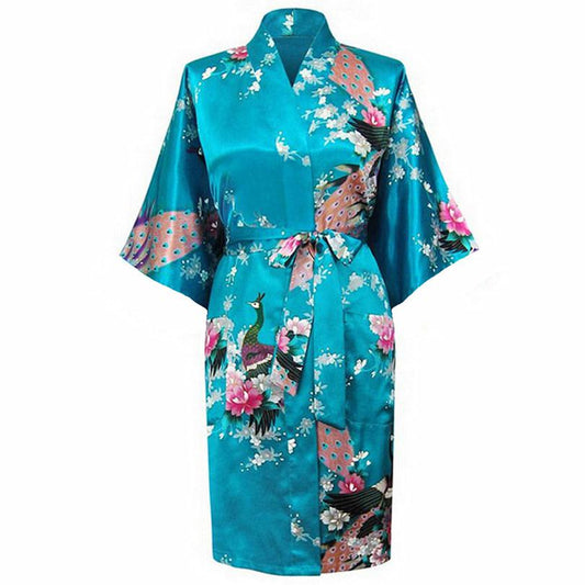 Oriental Flower Print faux Silk Kimono