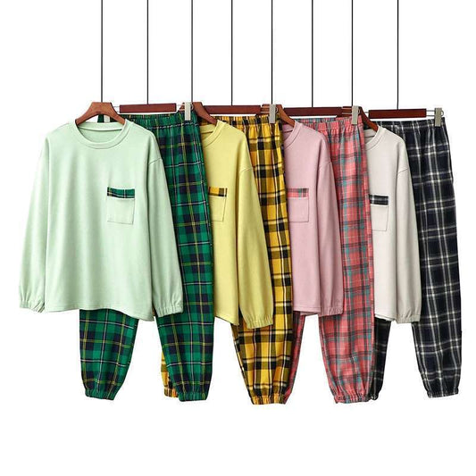 Long Sleeve Round Neck Plaid Pyjama Set