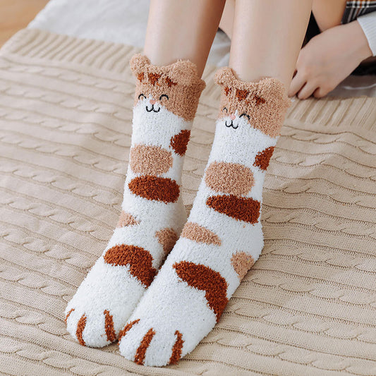 Coral Fleece Japanese Winter Sleep Embroidered Mid-calf Socks